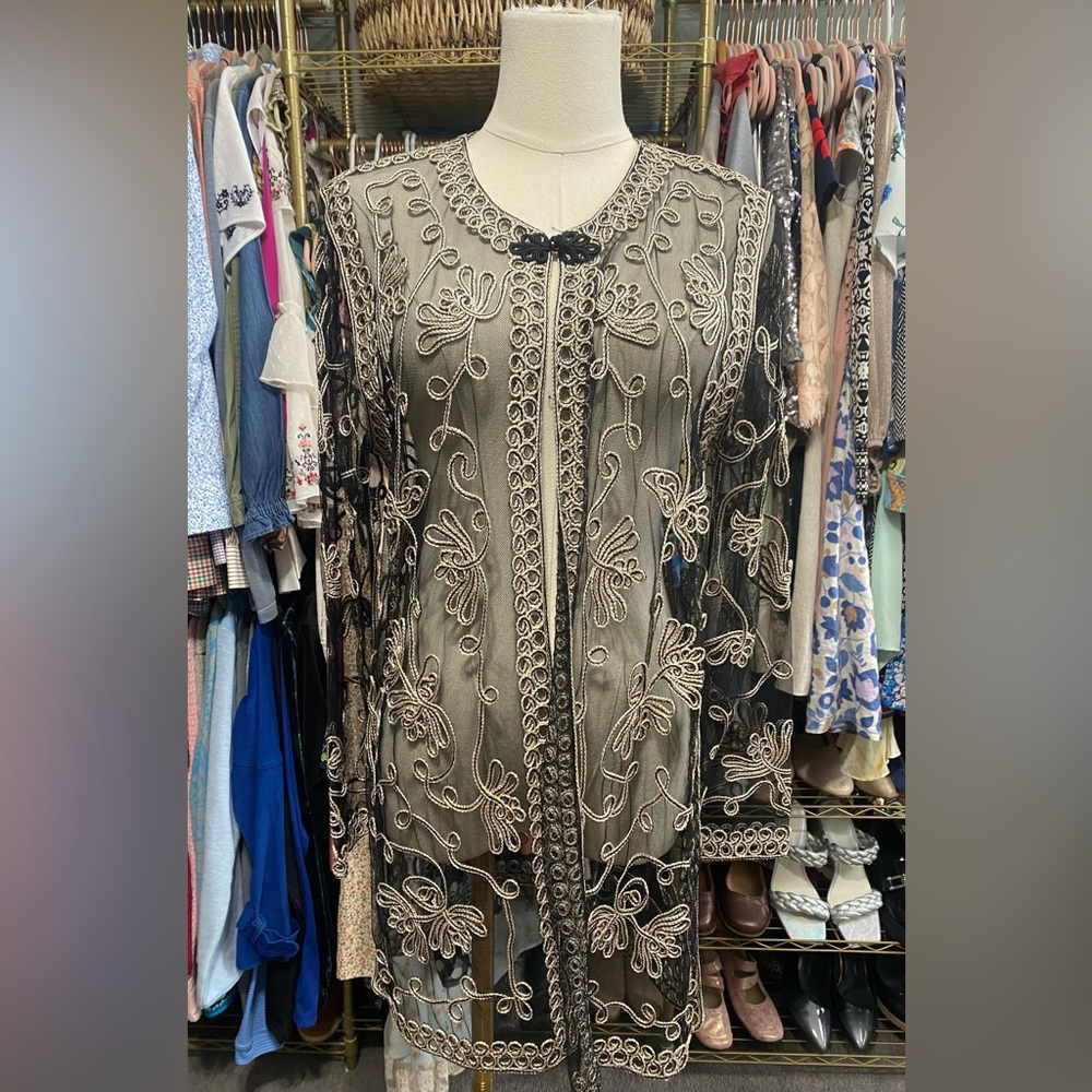 Vtg Draper's & Damon's Sheer Mesh Embroidered Duster Jacket Black Silver SOption